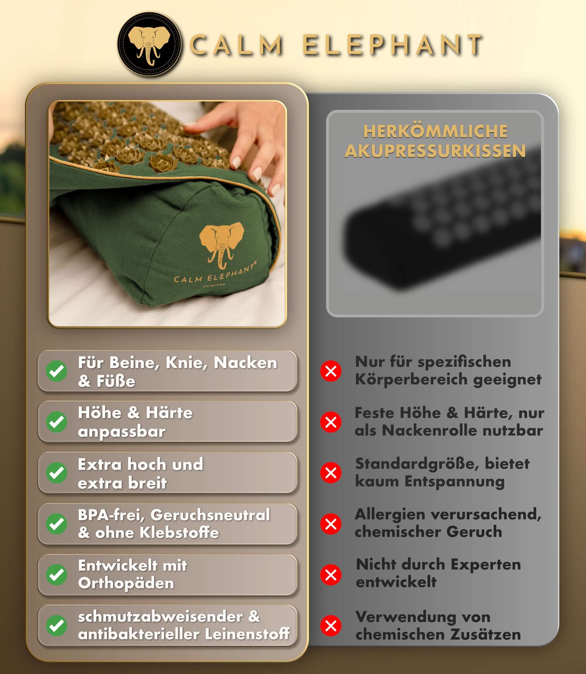 Akupressurkissen 2in1 - grün von CALM ELEPHANT mit abnehmbaren Akupressurspitzen für Nackenverspannungen.