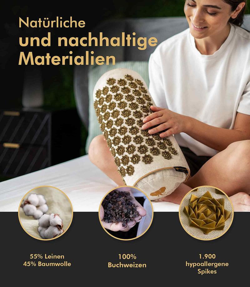 Natürliche und nachhaltige Materialien des Premium 2in1 Akupressur Kissens mit hypoallergenen Spitzen.