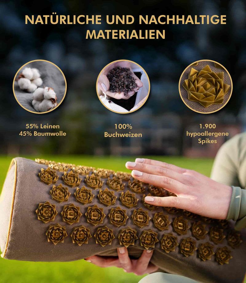 Natürliches und nachhaltiges Akupressur Kissen aus 55% Leinen und 45% Baumwolle mit 1900 hypoallergenen Spikes.