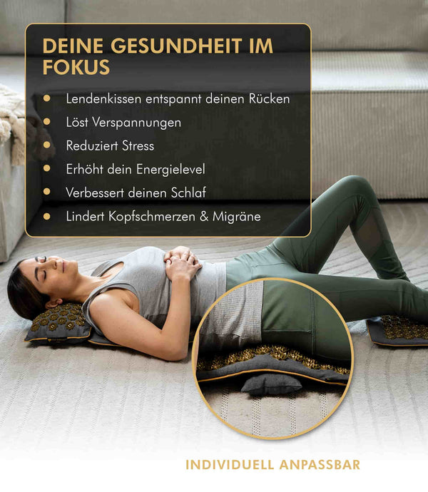 Frau entspannt auf Premium Akupressurmatte, fördert Rückenschmerzlinderung und Stressabbau, ergonomisches Design.