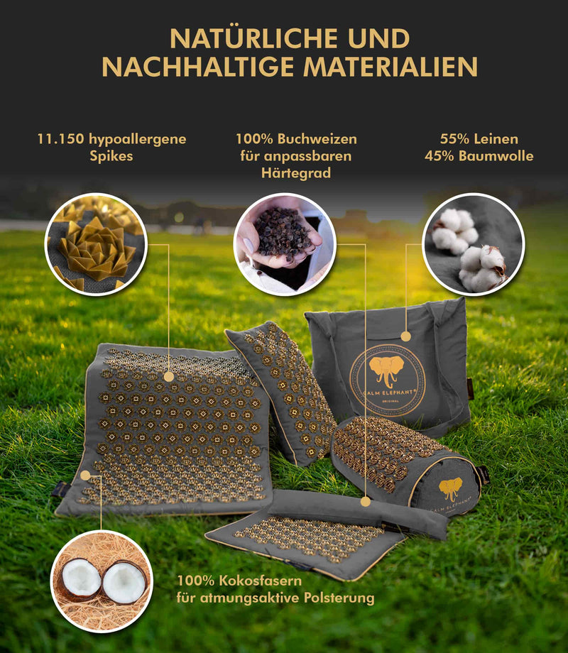 Premium Akupressurmatte aus natürlichen Materialien: hypoallergene Spikes, Buchweizen, Leinen, Baumwolle und Kokosfasern.