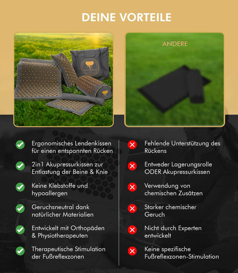 Vergleich von Vorteilen der CALM ELEPHANT Akupressurmatte gegen andere Produkte, einschließlich ergonomischem Design.