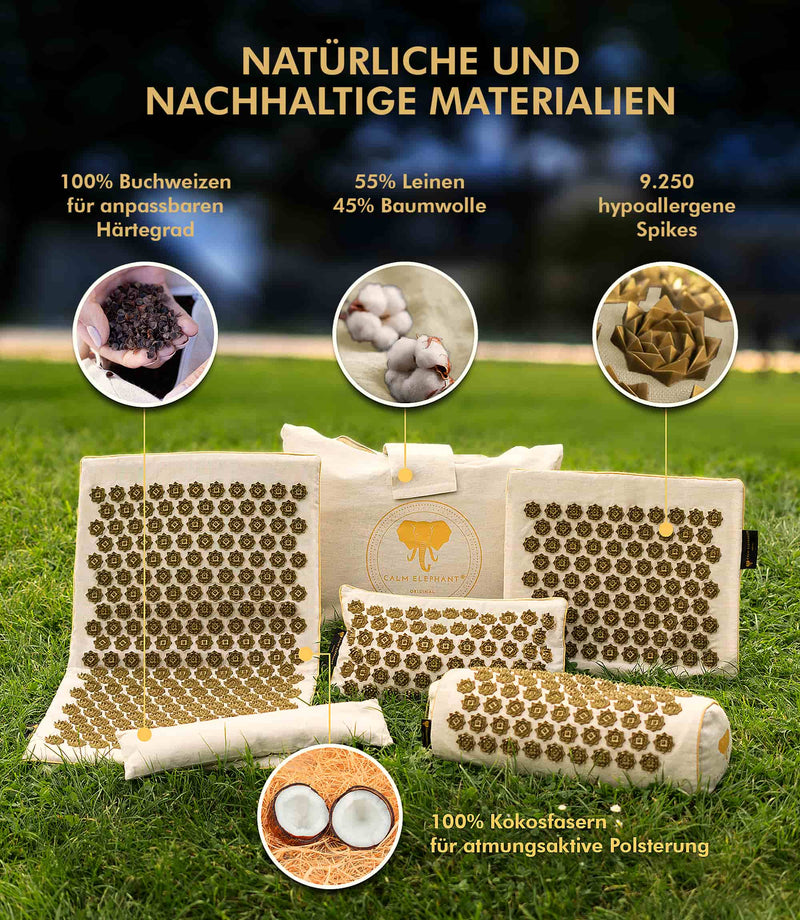 Naturliche und nachhaltige Materialien der CALM ELEPHANT Akupressurmatte, darunter Baumwolle und hypoallergene Spikes.