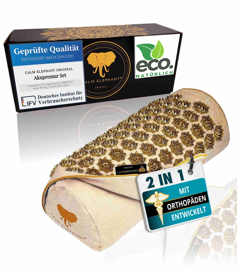 Premium 2in1 Akupressur Kissen im edlen Design, entwickelt mit Orthopäden, fördern Gesundheit und Entspannung.