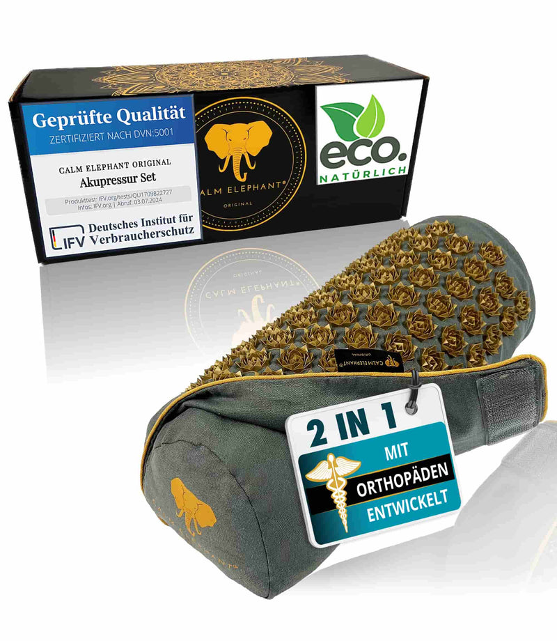 Premium 2in1 Akupressur Kissen von Calm Elephant, ergonomisch entwickelt, nachhaltig und geruchsneutral, ideal zur Schmerzreduktion.