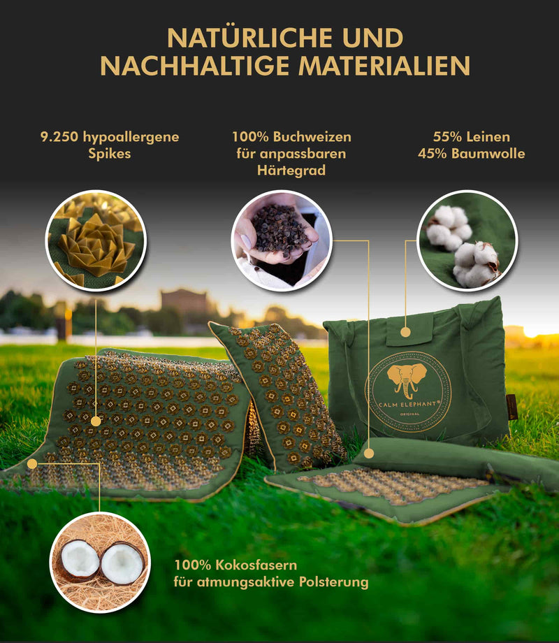 Natürliche und nachhaltige Materialien der Premium Akupressurmatte mit hypoallergenen Spikes, atmungsaktiver Polsterung.