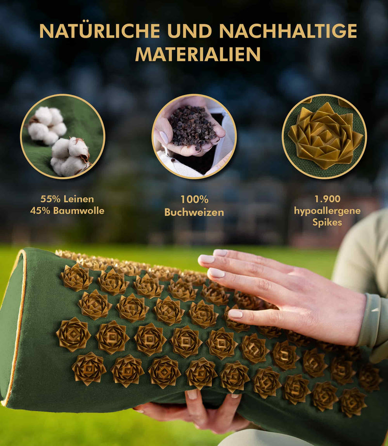 Premium 2in1 Akupressur Kissen aus natürlichen Materialien: Leinen, Baumwolle und Buchweizen für nachhaltigen Luxus.