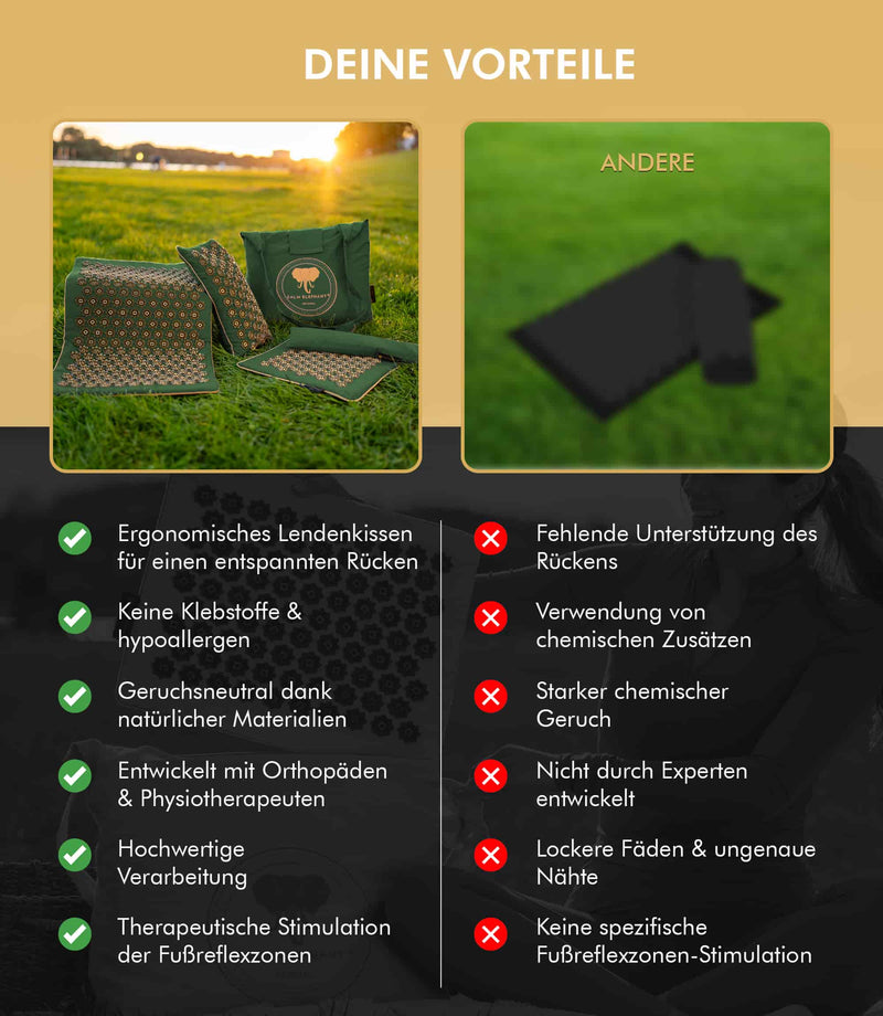 Vorteile der Premium Akupressurmatte: ergonomisches Design, hautfreundlich, BPA-frei, keine chemischen Zusatzstoffe.