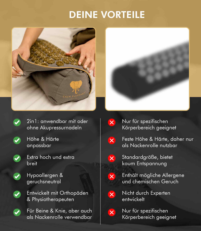 Vorteile des Premium 2in1 Akupressur Kissens: individuell anpassbar, hypoallergen, entwickelt von Experten, ideal für Rücken und Beine.