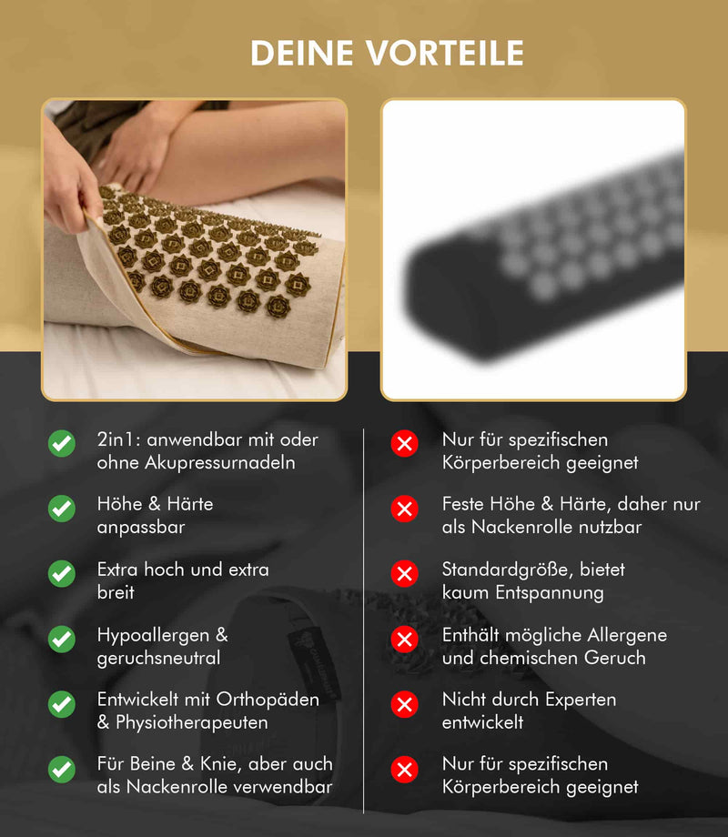 Premium 2in1 Akupressur Kissen Vorteile: ergonomisches Design, anpassbare Höhe, hypoallergen, entwickelt mit Experten.