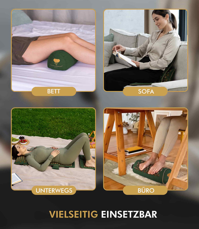 Vielseitige Anwendung der Premium Akupressurmatte: im Bett, Sofa, unterwegs und im Büro.