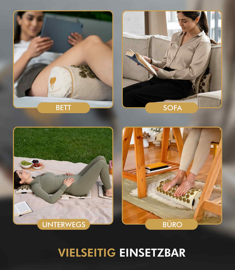 Premium Akupressurmatte, vielseitig einsetzbar für Bett, Sofa, Büro und unterwegs, fördert Entspannung und Gesundheit.