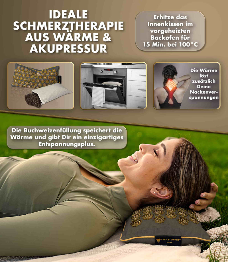 Entspanne mit der CALM ELEPHANT Akupressurmatte für effektive Schmerztherapie aus Wärme und Akupressur.