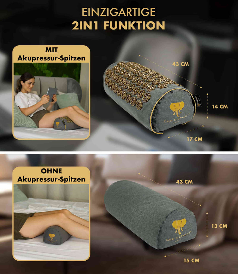 Premium 2in1 Akupressur Kissen mit und ohne Akupressur-Spitzen, ergonomisches und luxuriöses Design.