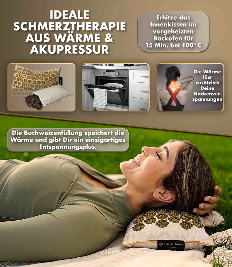 Woman using the CALM ELEPHANT heat and acupressure pillow for pain relief and relaxation.
