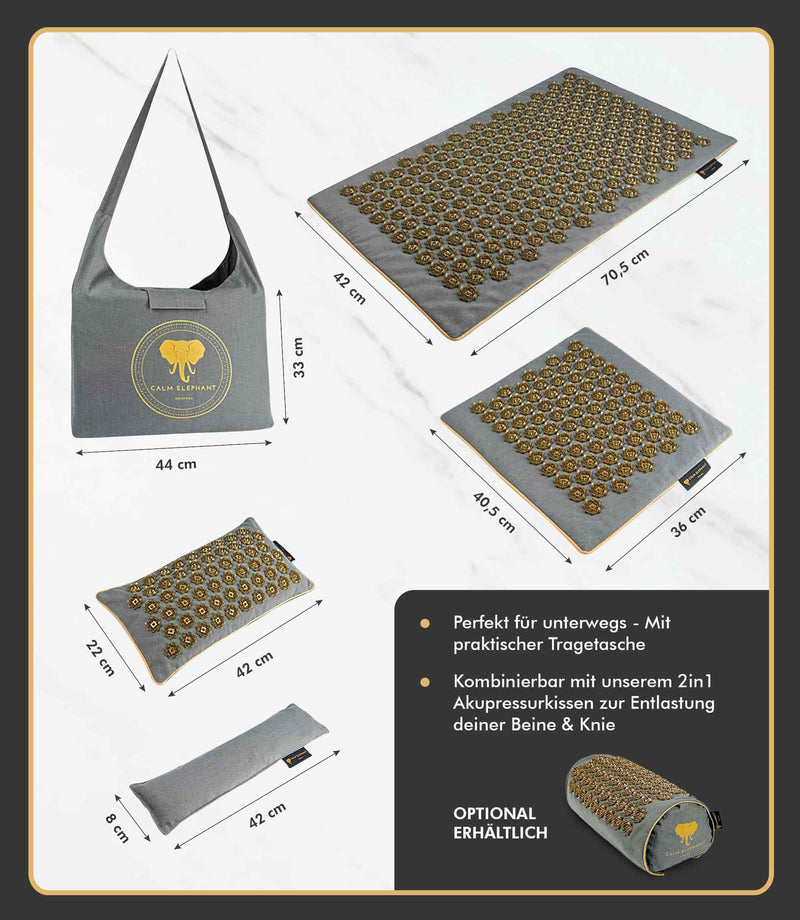 Premium Akupressurmatte mit Tragetasche, ergonomischem Kissen und innovativem Design für Entspannung und Stressabbau.