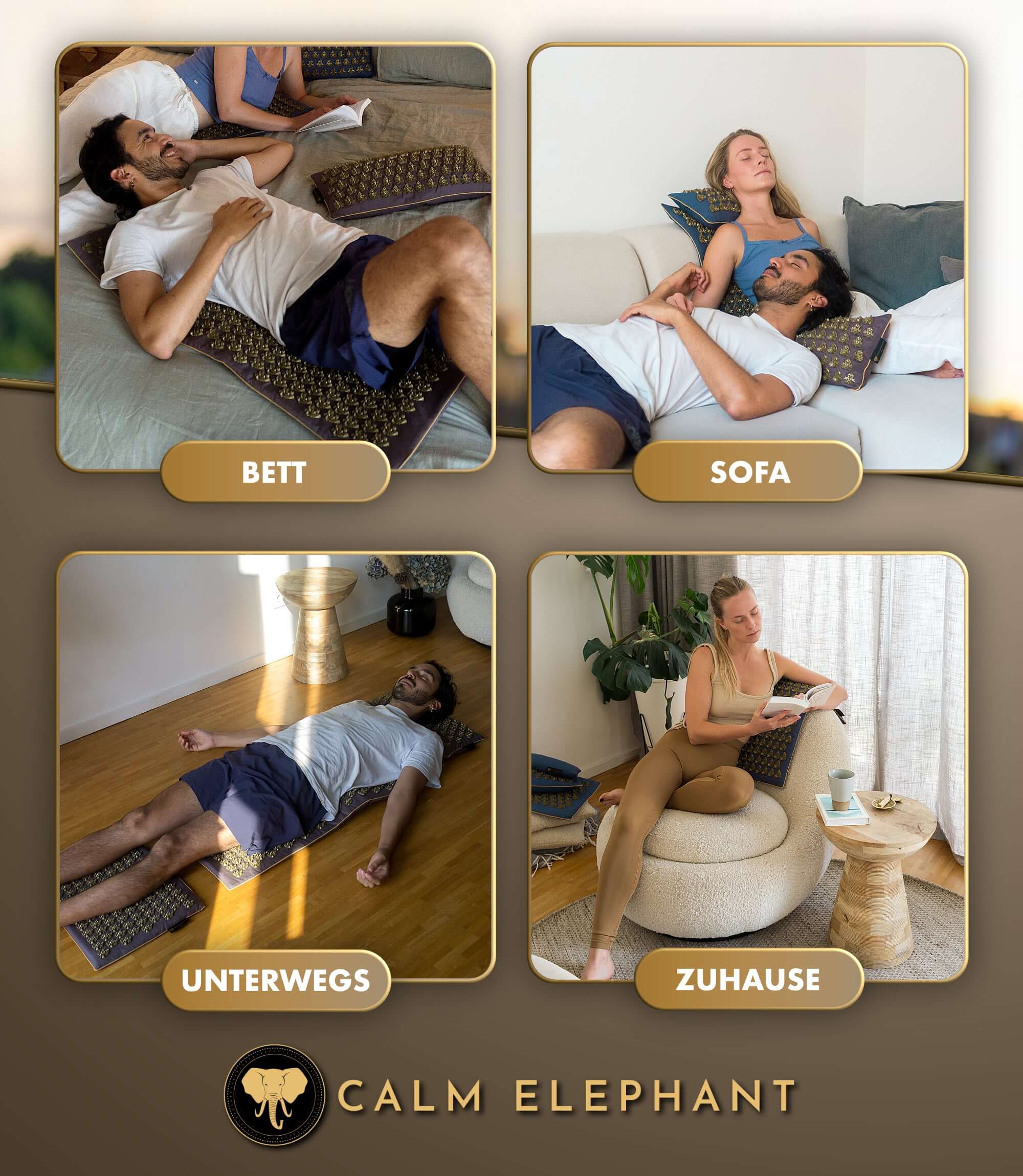 Akupressurmatte intensiv | MANDALA PRO XXL 5er Set - grau in Nutzung auf Bett, Sofa, unterwegs, Zuhause.