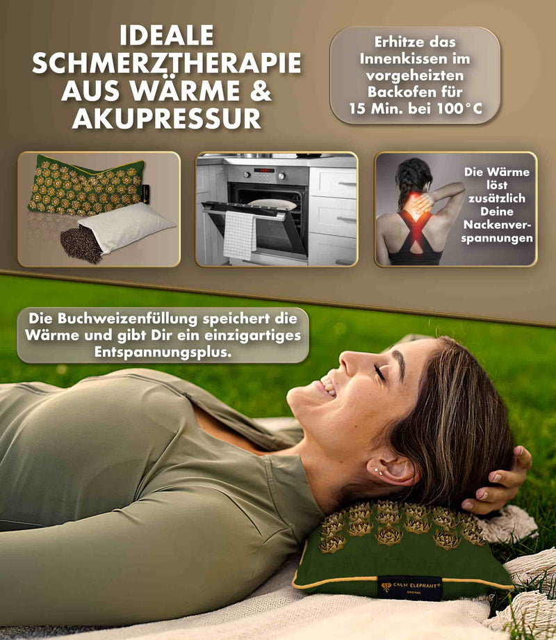 Frau entspannt mit Akupressurmatte und Wärme in luxuriösem Design für bessere Gesundheit und Stressabbau.