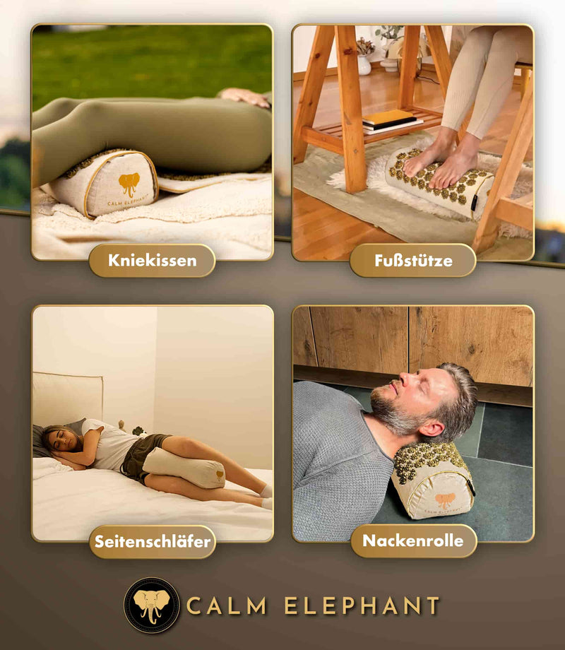 Premium 2in1 Akupressur Kissen von Calm Elephant für komfortable Unterstützung bei Nacken, Rücken, Knien und Füßen.