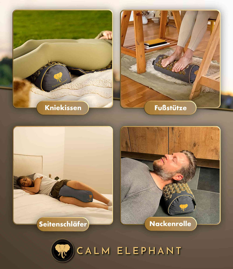 Premium 2in1 Akupressur Kissen von Calm Elephant, vielseitig einsetzbar als Kniekissen, Fußstütze, Nackenrolle.