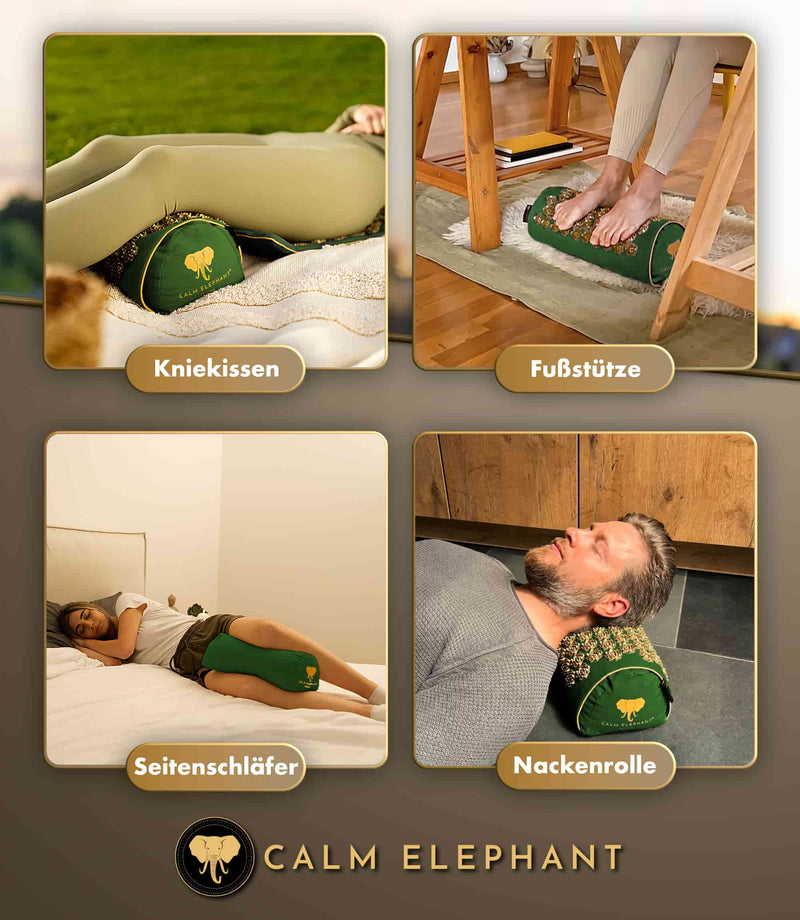 Ergonomisches 2in1 Akupressur Kissen als Knieschoner, Fußstütze, Nackenrolle und für Seitenschläfer.