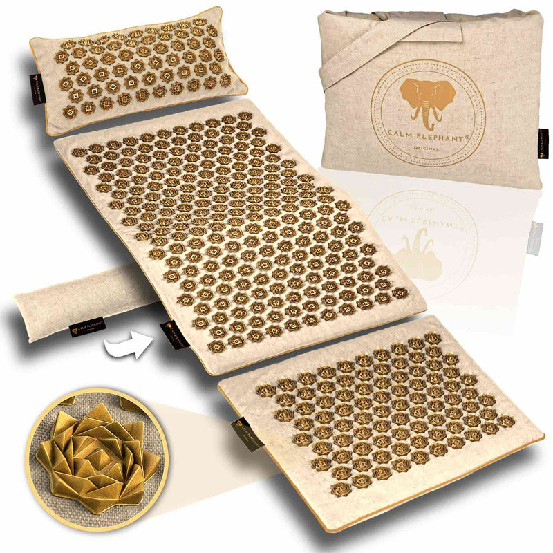 Premium Akupressurmatte mit ergonomischem Lendenkissen, BPA-frei, nachhaltiges Design, fördert Entspannung und Gesundheit.