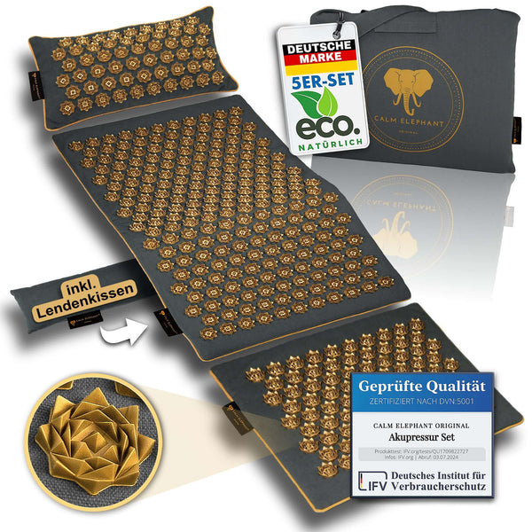 Premium Akupressurmatte mit ergonomischem Lendenkissen, natürlich und nachhaltig für Stressabbau und Rückenschmerzlinderung.