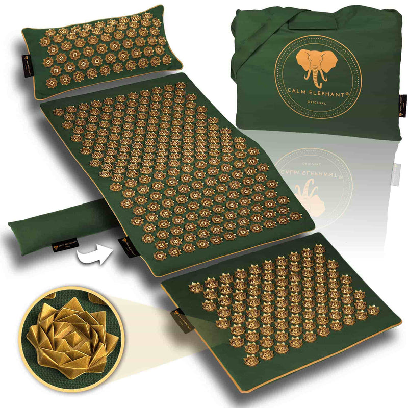Premium Calm Elephant Akupressurmatte mit ergonomischem Lendenkissen im edlen Design, nachhaltig und hautfreundlich.