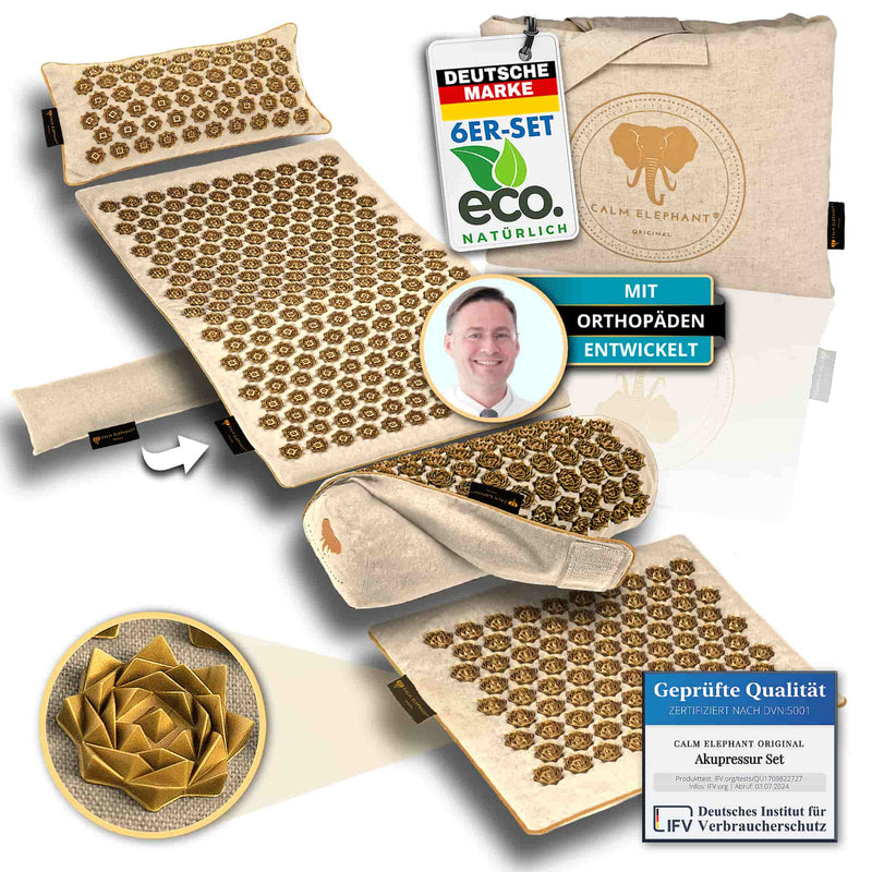 CALM ELEPHANT Premium Akupressurmatte Set, orthopädisch entwickelt, ergonomisches Kissen, natürlich und nachhaltig.