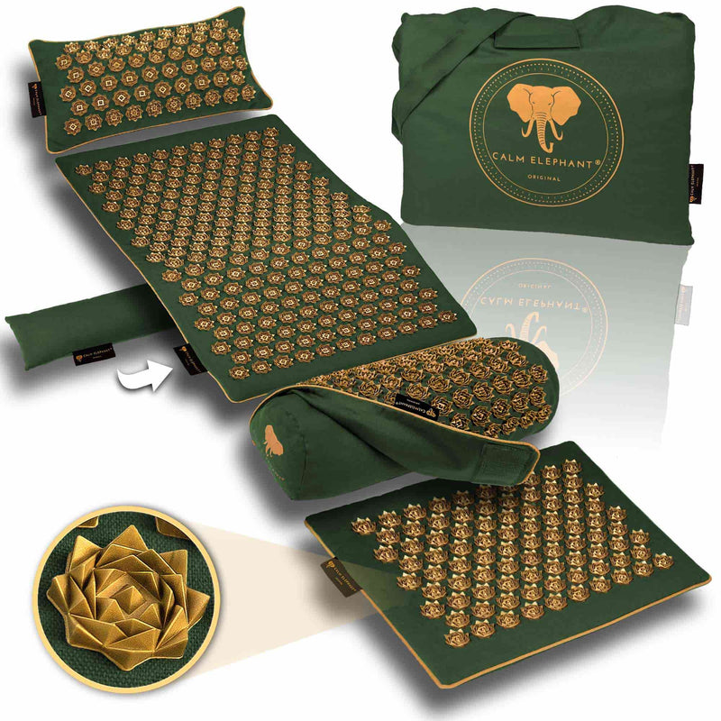 Premium Akupressurmatte Calm Elephant in edlem Design mit ergonomischem Kissen, nachhaltig und hautfreundlich.