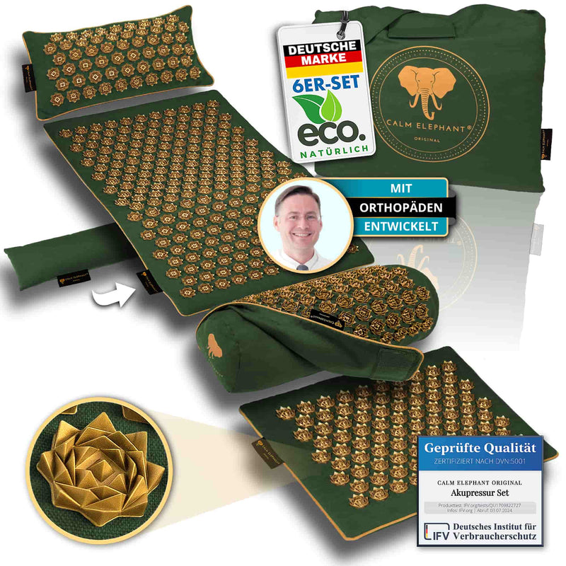 Premium Akupressurmatte von CALM ELEPHANT: nachhaltig, ergonomisch, mit Orthopäden entwickelt, luxuriöses Design.