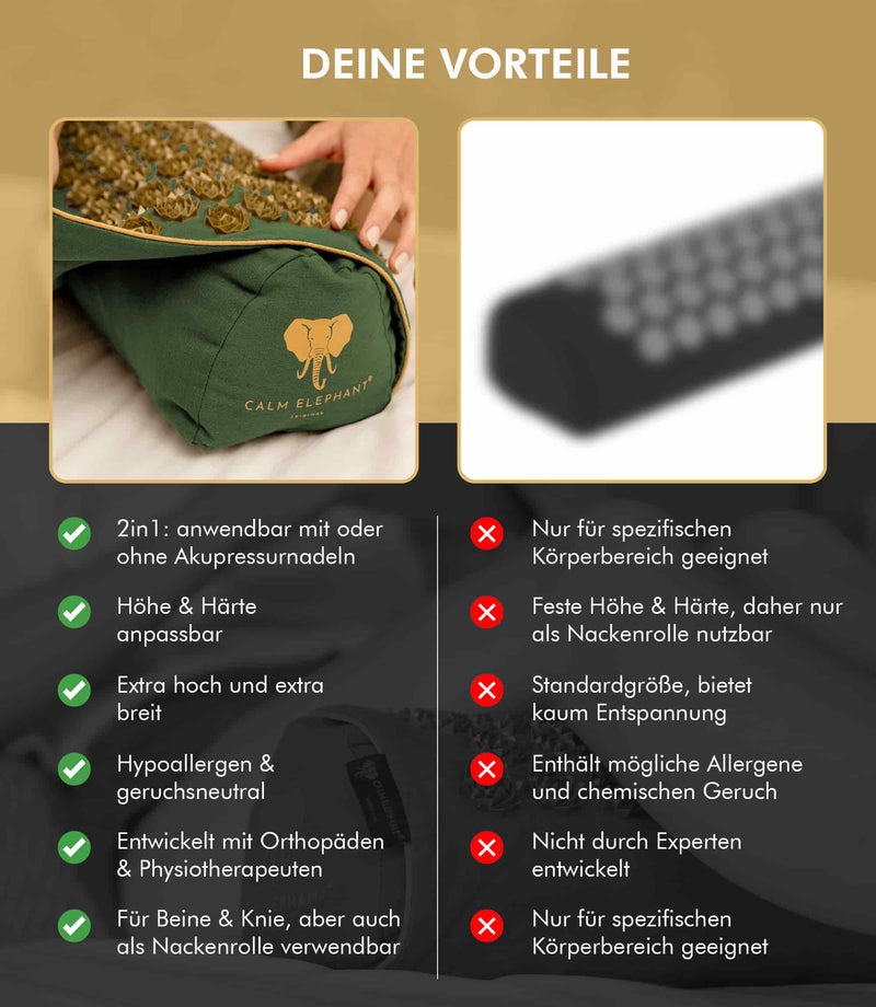 Premium 2in1 Akupressur Kissen mit Vorteilen für Entspannung, hypoallergen, entwickelt mit Experten, ergonomisches Design.